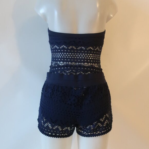 Womens Robin Piccone Navy Crochet 2Pc Set Cover-Up Short/M One Piece Swimsuit/8* - Picture 10 of 13